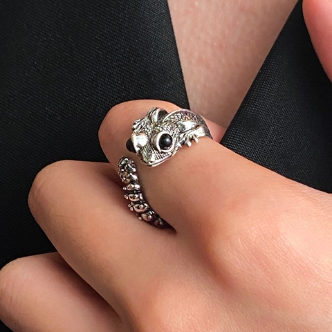 Gothic Animal Zinc Alloy Lizard Frog Hippopotamus Open Ring For Men Women Vintage Adjustable Rhinestone Finger Ring Punk Jewelry