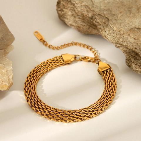 Breites Uhrenarmband Kette Armband Edelstahl 18K Vergoldet Verstellbar Nicht Verblassen Retro Ins Stil Frauen Schmuck