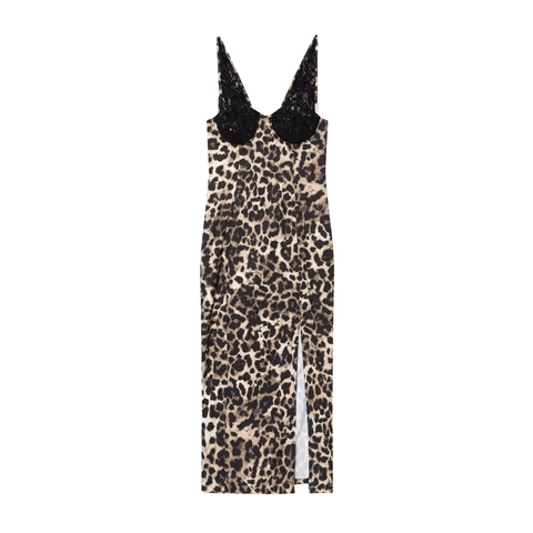 Damen Midi Kleid Mit Leopardendruck Spitzenbesatz V-Ausschnitt Ärmellos Schlitz Enges Camisole Kleid Verstellbare Träger