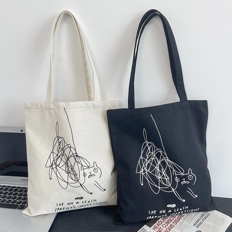 Graffiti Cat Canvas Tote Bag Zipper Closure Large Capacity Shoulder Bag Artistic Minimalist Streetwear Daily Commute