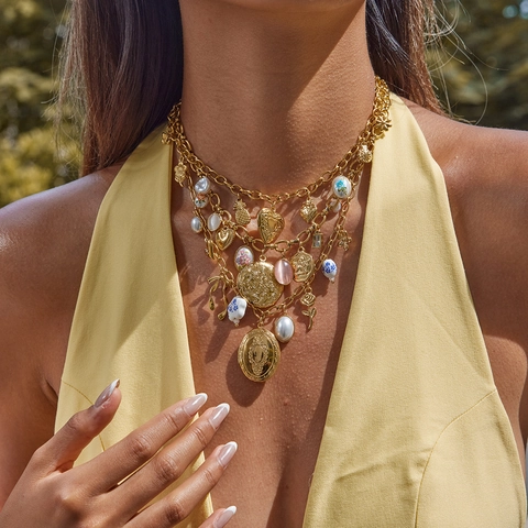 Vintage Edelstahl Medaillon Anhänger Halskette Für Damen Vergoldet Mehrlagig Boho Herz Blumen Münze Schmuck