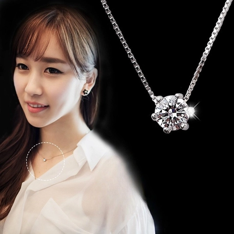 Minimalist Solitaire Pendant Necklace Silver Plated Round Zircon Six-Prong Crown Setting Box Chain For Women Elegant Jewelry