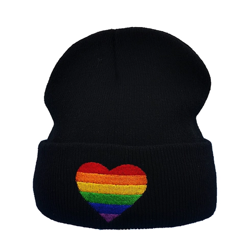 Beanie Hat Acrylic Knitted Rainbow Heart Embroidery Warm Hip Hop Style Cuff Skull Cap For Men Women Winter Fashion