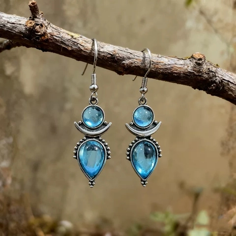 Vintage Bohemian Blue Resin Gemstone Teardrop Crescent Moon Alloy Hook Earrings For Women Ethnic Jewelry Gift