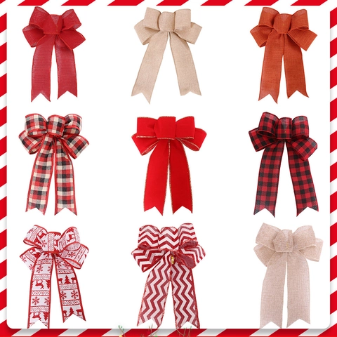Nœud Décoration Sapin de Noël Rouge Tissu Flocage Lin Plaid Flocon Élan Ornement Suspendu Fête Maison