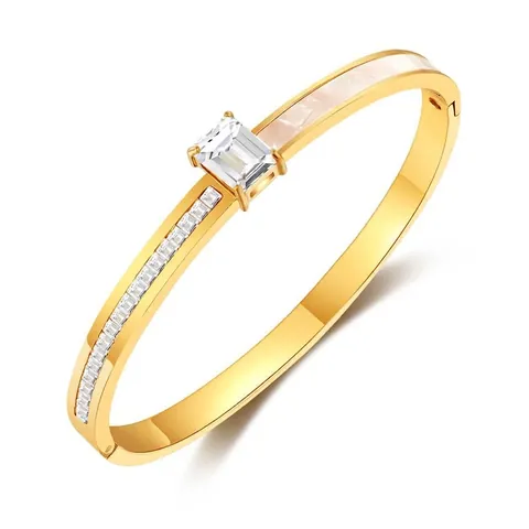 French Elegant Stainless Steel Bangle For Women With Square Zirconia And Artificial Mother Of Pearl Inlay Gold Silver Jewelry