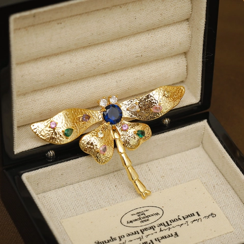 Libelle Brosche Bunte Zirkon Kupfer 18K Gold Beschichtet Texturierte Flügel Vintage Tier Anstecknadel Schmuck
