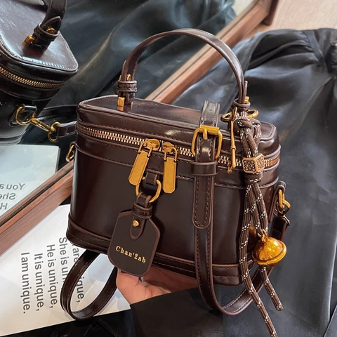Vintage Box Bag Women PU Leather Vanity Case Gold Hardware Dual Zipper Top Handle Crossbody Shoulder Handbag Pendant