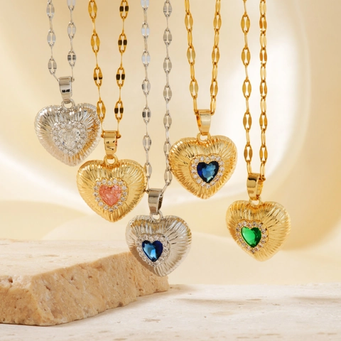 Herz Anhänger Halskette Edelstahl Kette Kupfer Zirkon Sonnenstrahl Strahlende Textur Elegante Mode Schmuck Damen