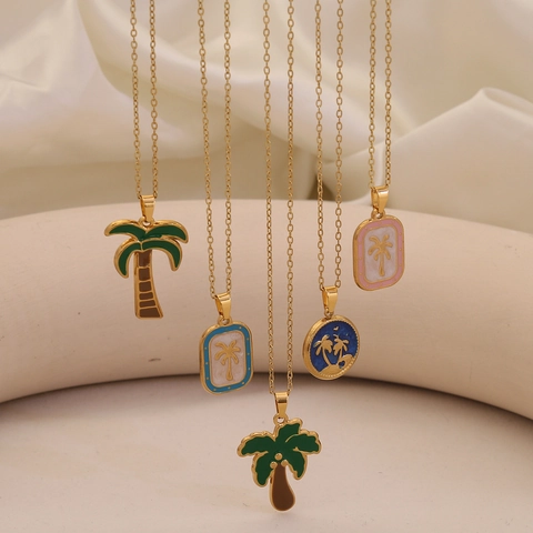Stainless Steel Palm Tree Pendant Necklace Gold Plated Enamel Tropical Coconut Tree Beach Jewelry For Women