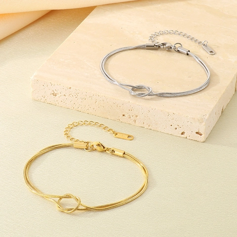 Knotted Snake Chain Bracelet Stainless Steel 18K Gold Plated Double Layer Adjustable Minimalist Jewelry For Women