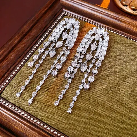 Pendientes Largos De Borla Con Diamantes De Imitación Cascada Gota De Agua Aleación Con Poste De Plata Para Mujer Boda Fiesta
