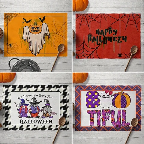 Halloween Placemats Linen Blend Heat Resistant Dining Table Decoration Pumpkin Ghost Festive Party Holiday Home Decor