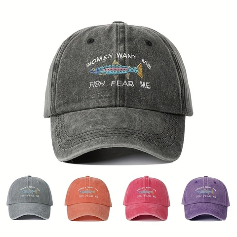 Women Want Me Fish Fear Me Baseballkappe Gewaschener Stoff Bestickt Lustiger Angelhut Verstellbar Outdoor Casual Unisex