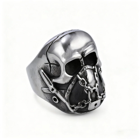 Skull Ring Stainless Steel Chain Lock Decor Punk Gothic Rock Jewelry For Men Vintage Retro Industrial Biker Style