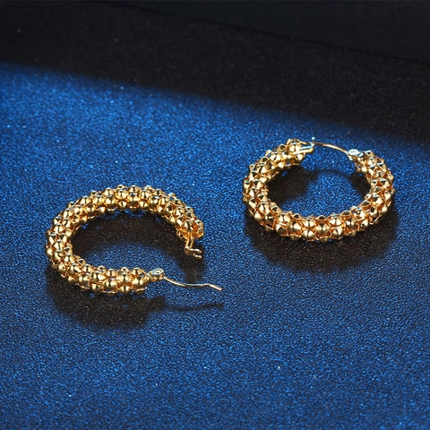 Textured Beaded Hoop Earrings For Women Stainless Steel Gold Plated Retro Style Geometric U-Shape Circle Ear Jewelry