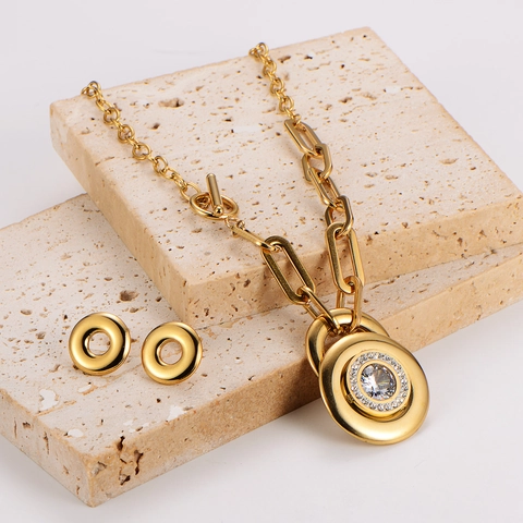 Parure Bijoux Collier Boucle Oreille Acier Inoxydable 304 Plaqué Or 18K Zircon Pendentif Rond Chaîne Trombone Femmes