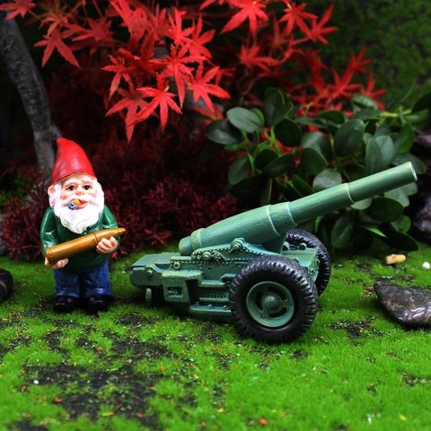 Resin Garden Gnome Figurine with Military Cannon Sculpture Hand Painted Funny Army Dwarf Statue for Outdoor Yard Garden Decor
