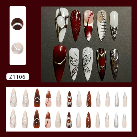 Lange Stiletto Nägel 3D Metall Schmetterling Streifen Rot Silber Abstrakt Kunst Falsche Nägel