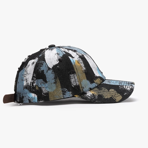 Cappello Da Baseball In Denim Distressed Con Schizzi Di Graffiti E Cinturino In Pelle Regolabile Stile Streetwear Retro