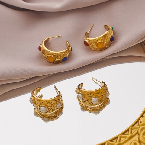 Pendientes de Aro en Forma de C de Acero Inoxidable Vintage Con Perlas Artificiales y Strass de Colores Para Mujer