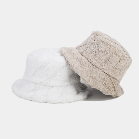 Faux Rabbit Fur Bucket Hat Thickened Warm Plush Striped Texture Winter Windproof Sun Protection For Women