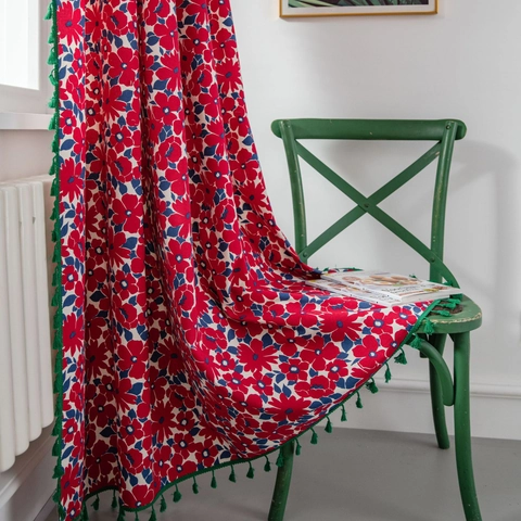 Floral Printed Cotton Linen Curtains With Green Tassel Edge Semi Shading Decorative Window Drapes Bohemian Style