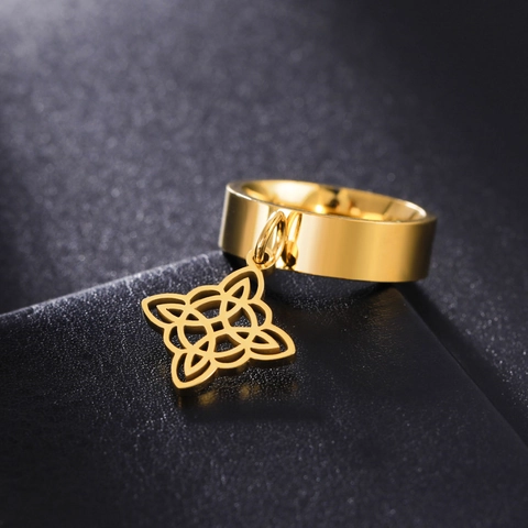 Stainless Steel Ring With Celtic Witch's Knot Dangling Pendant Wide Band Polished Fashion Jewelry For Women Men
