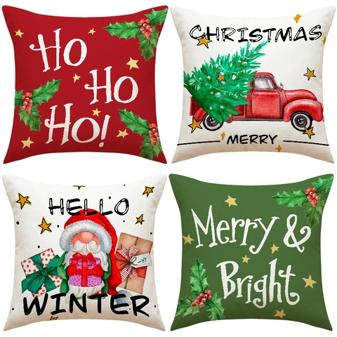 Fundas De Cojín Navideñas Mezcla De Lino Fundas Decorativas Camión Rojo Gnomo Copo De Nieve Para Sofá Sofá Decoración Hogar