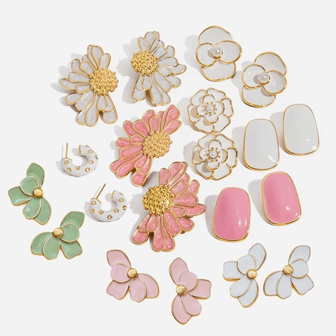 Flower Stud Earrings 18K Gold Plated Stainless Steel Enamel Floral Sweet Romantic Waterproof Hypoallergenic Jewelry For Women
