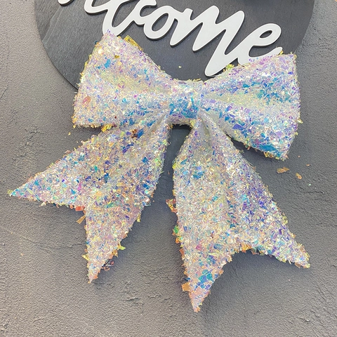 Large Christmas Bowknot Iridescent White Sequin Holographic Decoration For Home Mall Party Event Festive Props