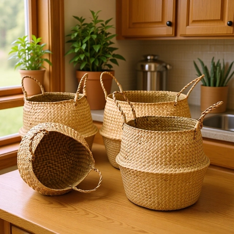 Woven Seagrass Belly Basket Foldable Storage Bin With Handles For Planter Cover Laundry Toy Organizer Handcrafted Natural