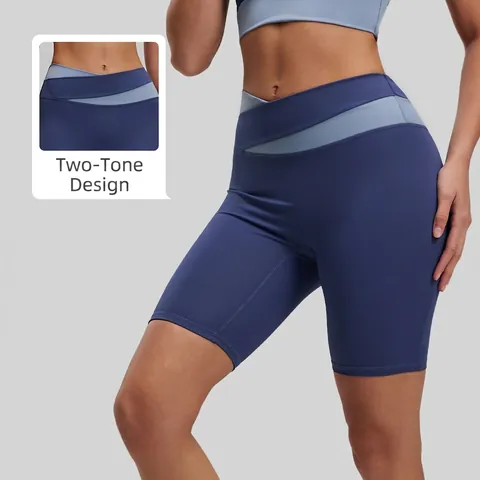 Short De Yoga Taille Haute Polyester Élasthanne Cross Waist Color Block Cycliste Séchage Rapide Élastique Sport