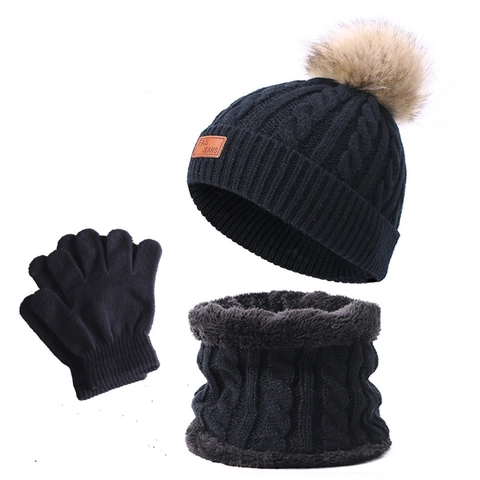 Enfants Hiver Chaud Tricot Torsadé Bonnet Cache-Cou Et Gants Doublé Polaire Pompon Beanie Écharpe Moufles Pour Garçons Filles