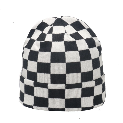Schachbrettmuster Strickmütze Beanie Acryl Warm Umgeschlagen Winter Streetwear Für Damen