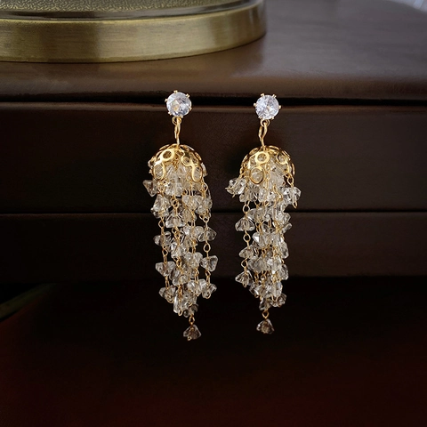 Zircon Tassel Drop Earrings With 925 Sterling Silver Earring Post Copper Gold Plated Long Geometric Jewelry For Women