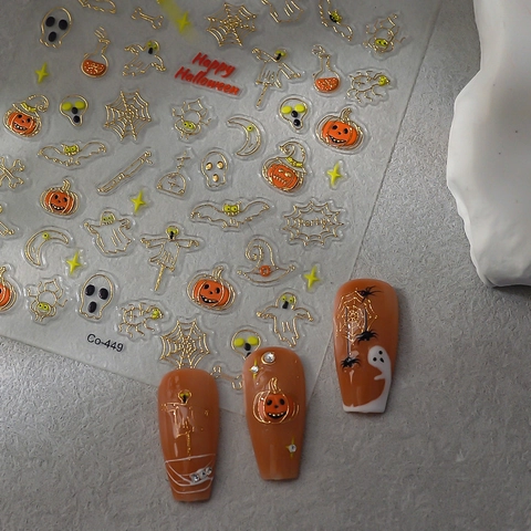 Halloween Nagelkunst Aufkleber 5D Relief Geprägt Spinnennetz Geist Kürbis Fledermaus Goldfolie Wasserdichte Maniküre Aufkleber