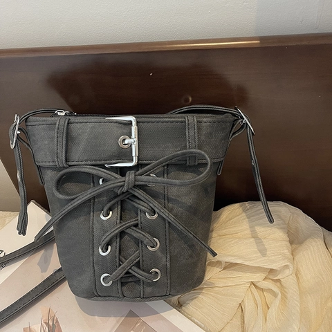 Sac Seau Femme PU Denim Lacé Style Corset Noeud Sac Bandoulière Rétro Mode Sangle Réglable