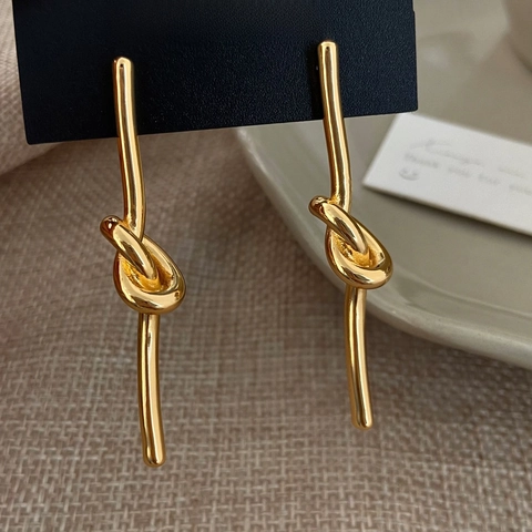 Knot Drop Earrings Copper Metal Minimalist Long Vertical Bar Geometric Linear Threader Jewelry For Women