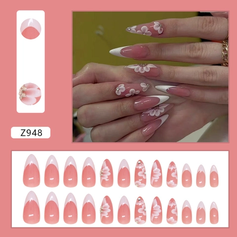 Mandelform French Tip Künstliche Nägel Mit Relief Blumen Und Strass Dekor Elegante Künstliche Nägel