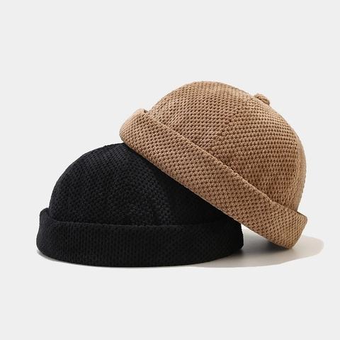 Retro Knit Docker Hat Men Waffle Pattern Brimless Miki Cap Vintage Adjustable Rolled Edge Sailor Style Warm Skullcap
