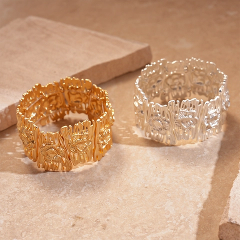 Bracciale Rigido Largo In Lega Vintage Con Rilievo Floreale Cavo Metallo Opaco Texture Geometrica Gioielli Di Moda Per Donne