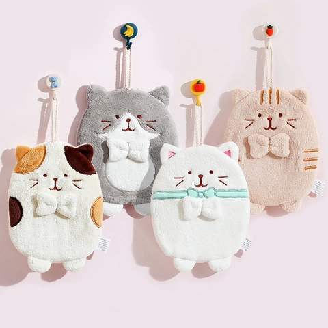 Cute Cat Hanging Hand Towel Soft Absorbent Coral Fleece Quick Dry Cartoon Towel For Kitchen Bathroom Children Decor