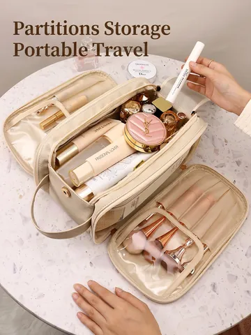 Large Capacity Makeup Bag PU Leather Portable Travel Toiletry Organizer Double Zipper Multi-Layered Cosmetic Case For Women
