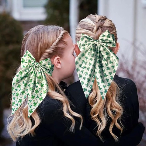 Grande Barrette À Cheveux Noeud Tissu Imprimé Trèfle Long Ruban Pince À Ressort Accessoire Saint Patrick Femmes Filles