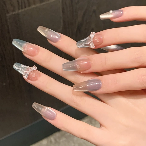 Handgefertigte Press On Nägel 3D Relief Schleife Katzenauge Farbverlauf Sommer Frischer Stil Künstliche Falsche Fingernägel