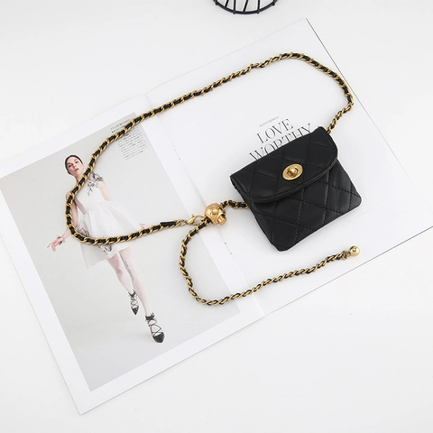 Quilted Rhombus Mini Waist Bag With Gold Chain Belt And Adjustable Metal Ball For Women Lightweight Fashion Accessory