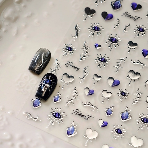 Adesivi 3D Per Nail Art Gotico Argento Viola Motivo Cuore Ossa Decalcomanie Autoadesive Decorazione Manicure Ultrasottile