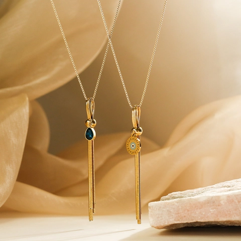 Collana Con Pendente In Acciaio Al Titanio Placcato Oro Vintage Elegante Con Goccia D'acqua In Zircone E Nappa Malocchio Per Donna