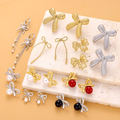 Fashion Stainless Steel Bow Earrings For Women Elegant 18K Gold Plated Bowknot Stud Earrings With Artificial Pearl Jewelry